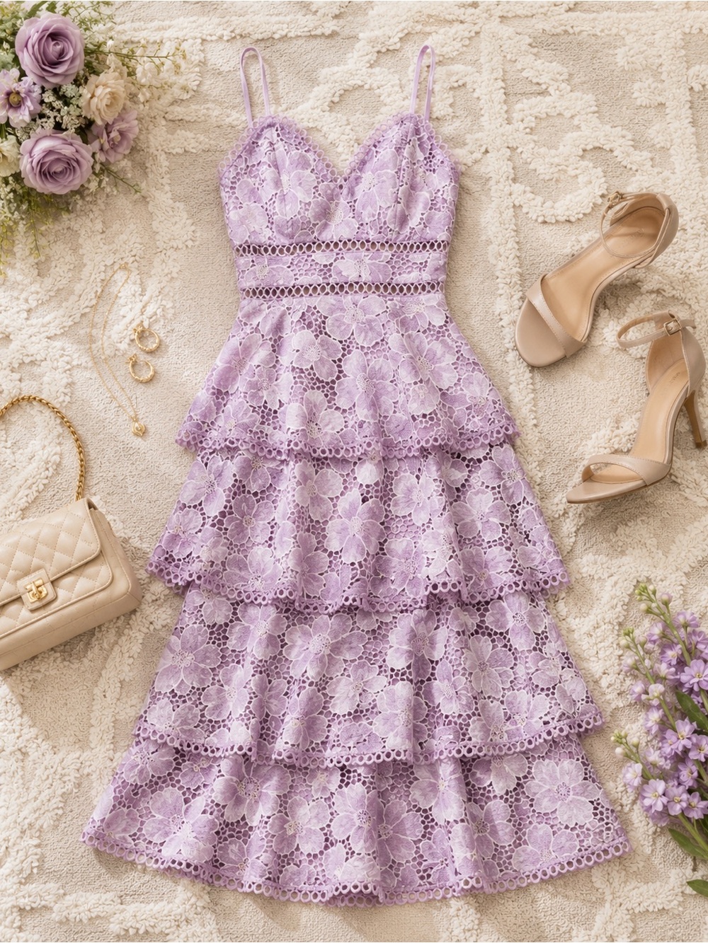 Arose Studio Lavender Floral Lace Tiered Midi Dress XL NWT